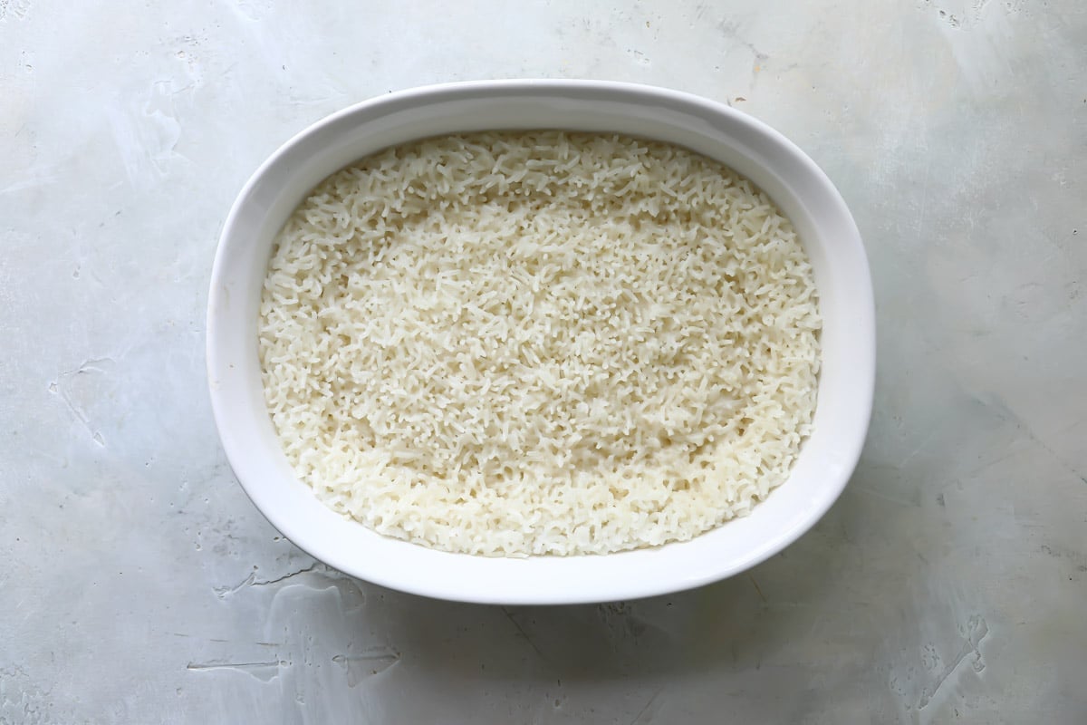 Baked rice in a baking dish.