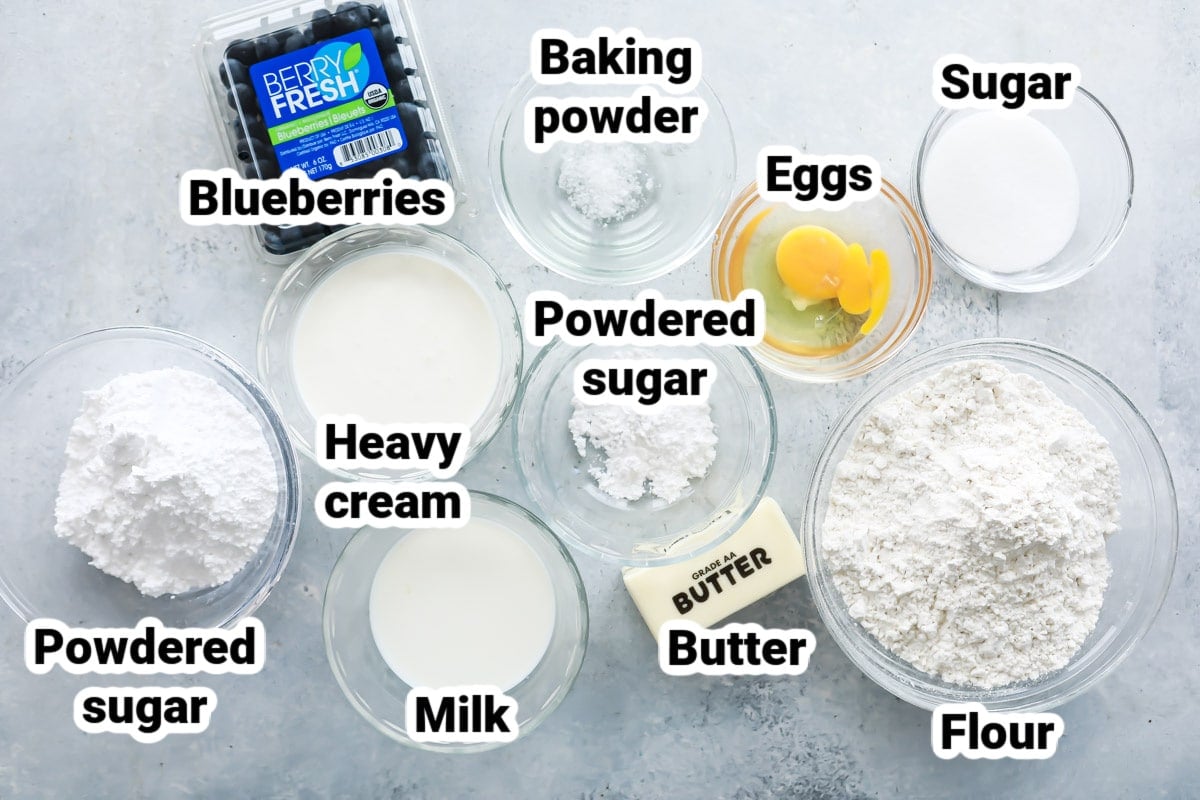 Labeled ingredients for blueberry scones.