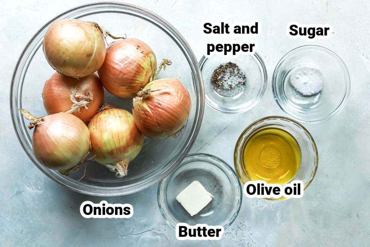 Labeled ingredients for caramelized onions.