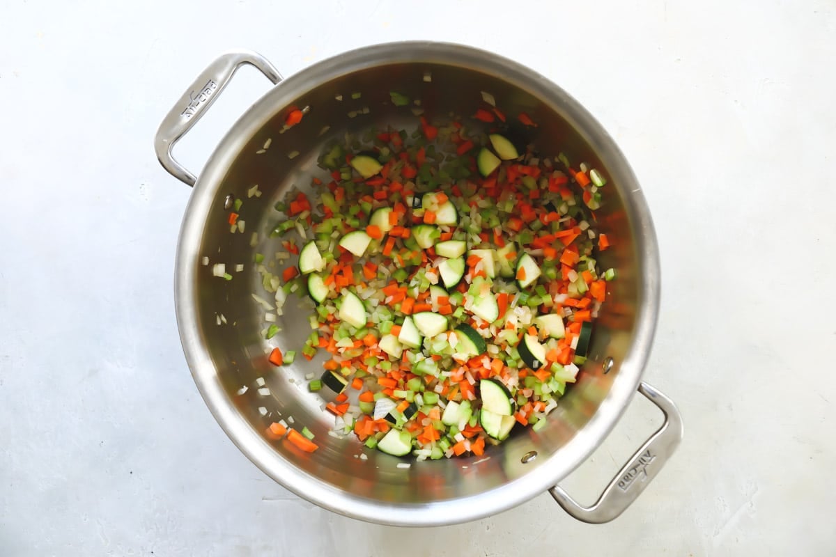 Vegetables for Olive Garden minestrone in a pot before being cooked in olive oil.