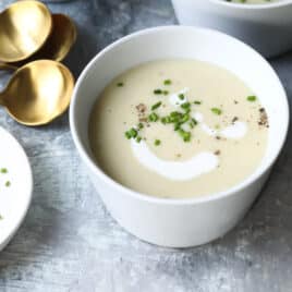 Bowls of potato leek soup.