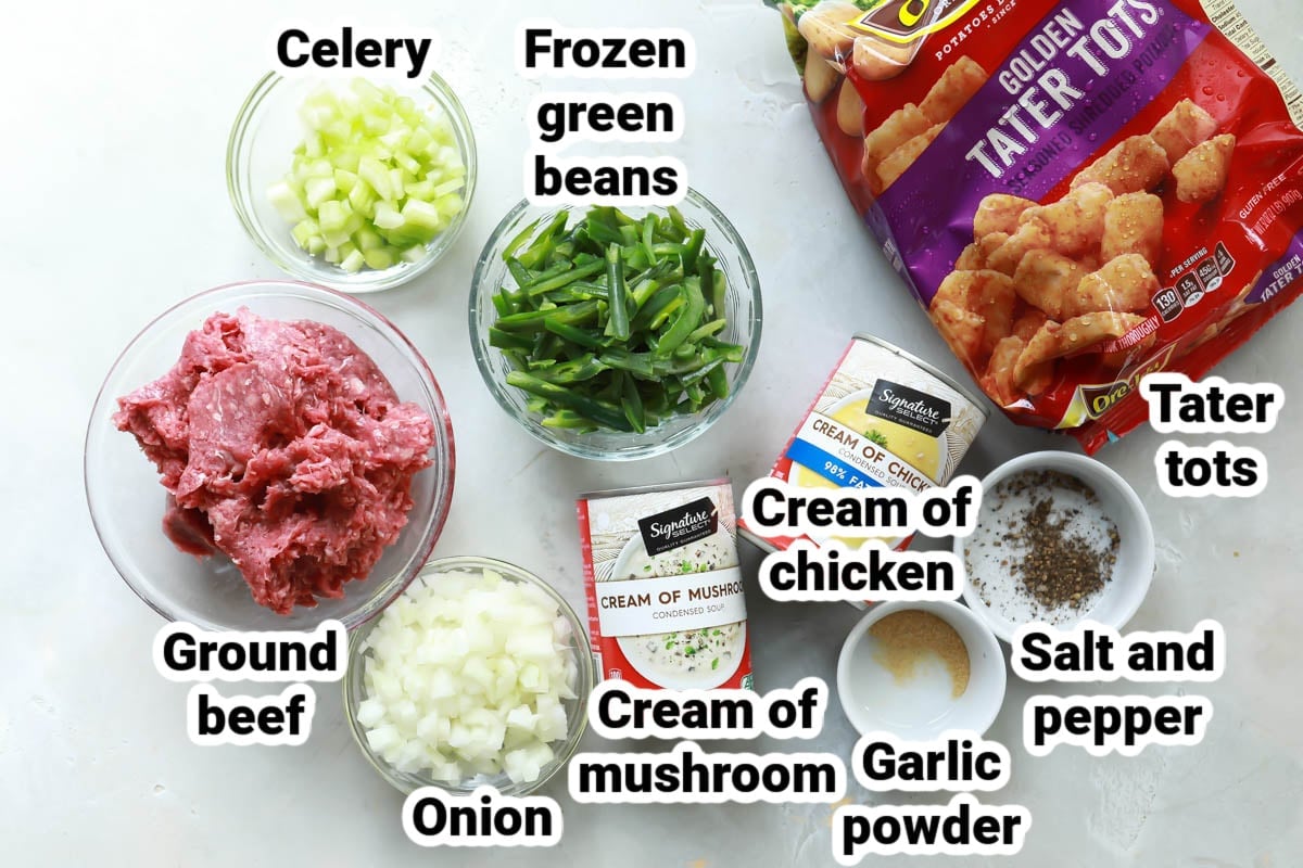 Labeled ingredients for tater tot casserole.