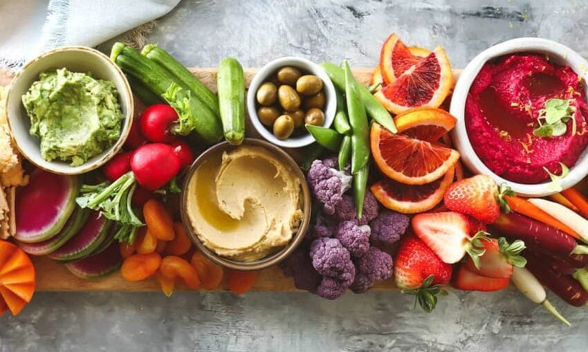 A colorful vegan charcuterie board.