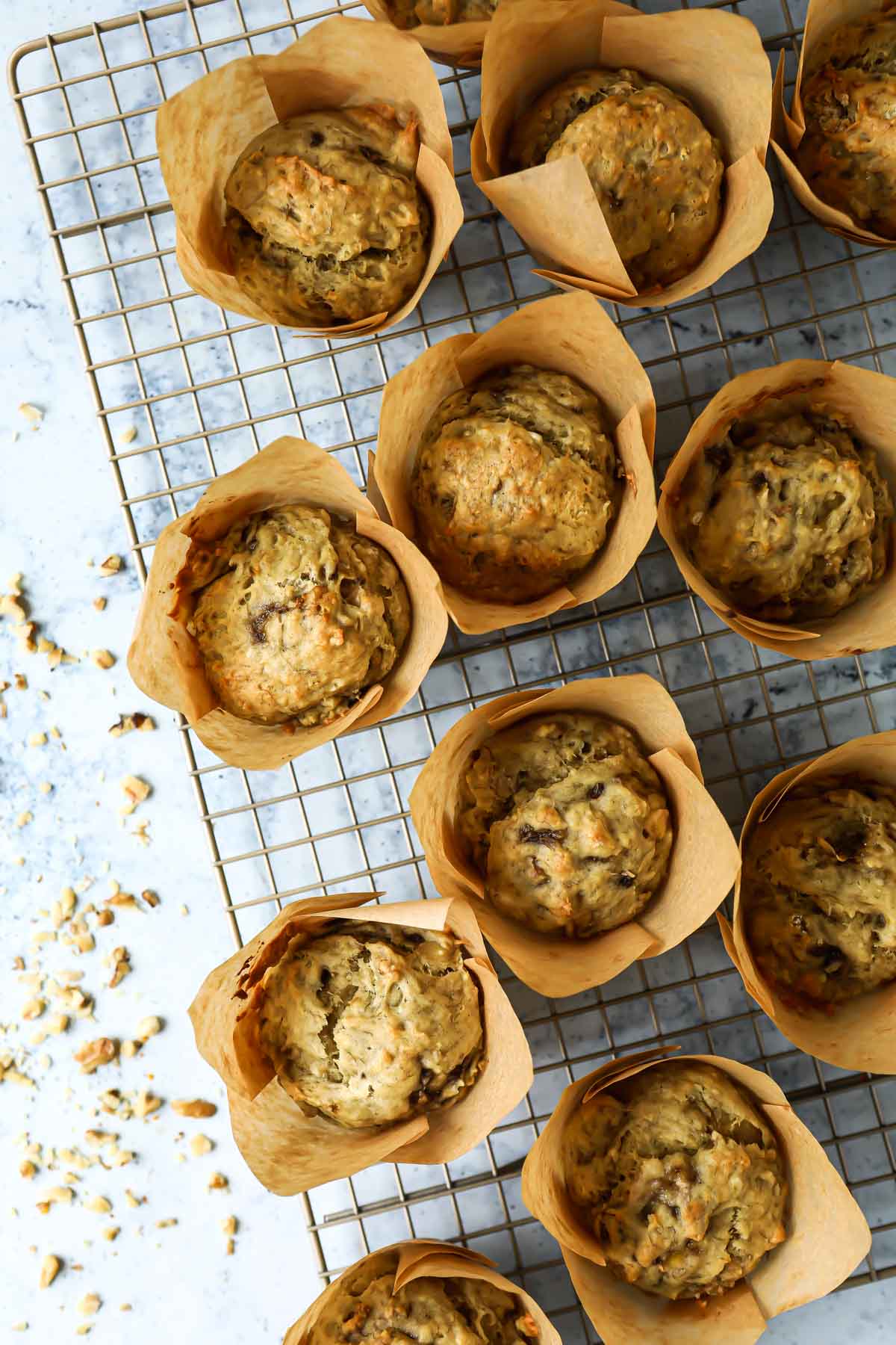 Banana muffins on a cooling rack.