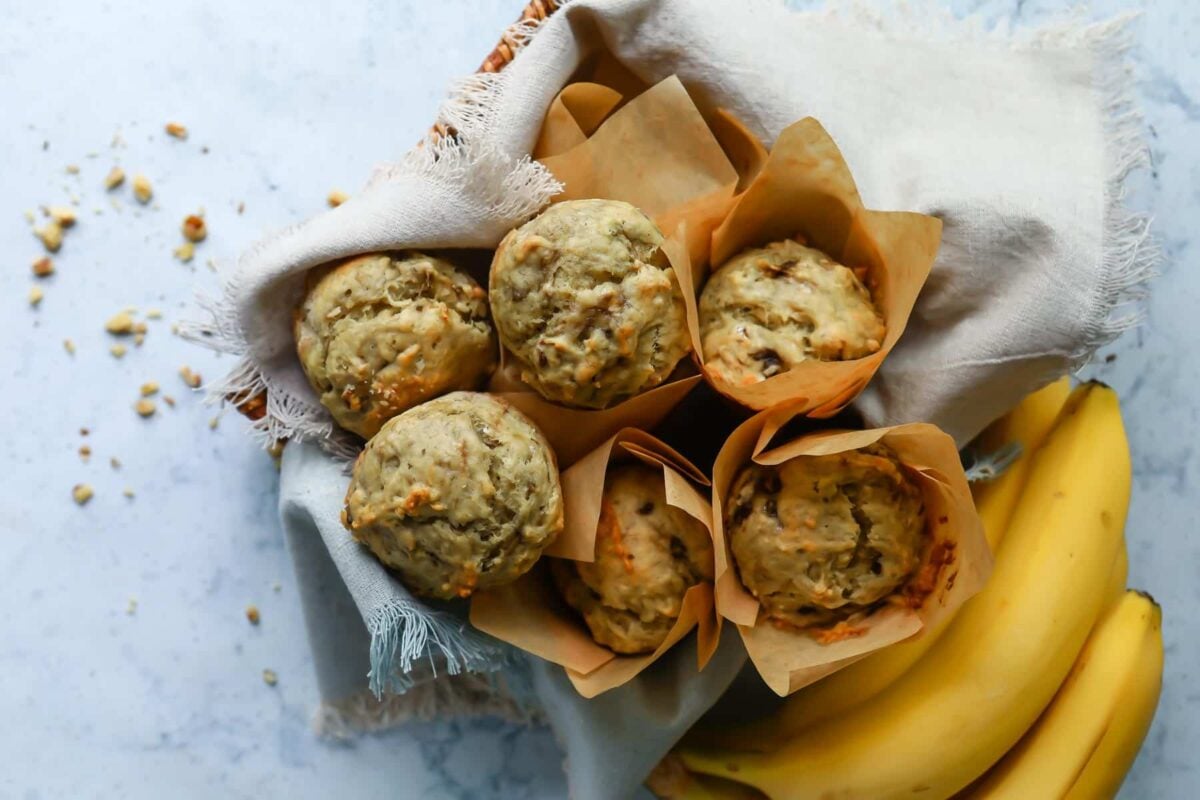 A basket full of banana muffins.