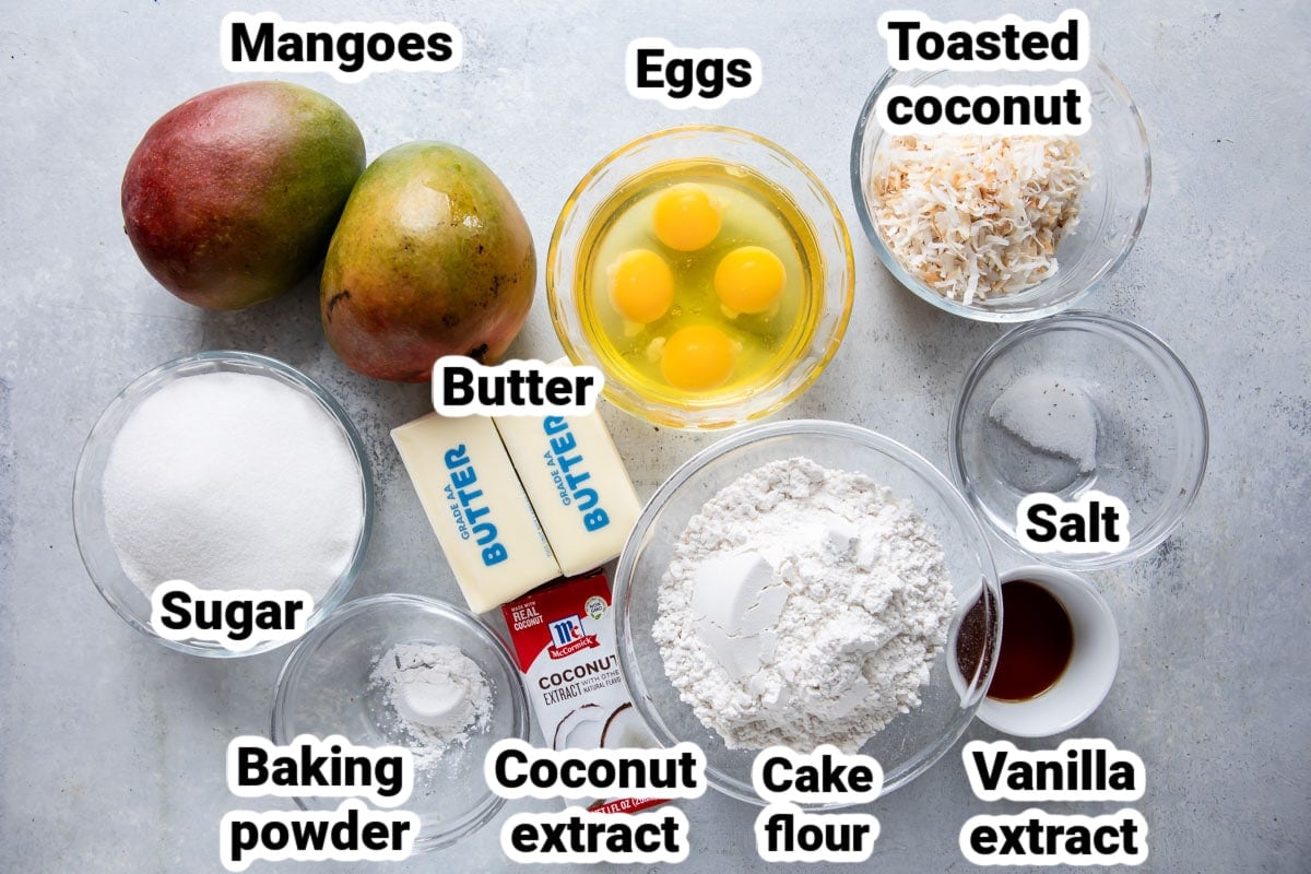 Labeled ingredients for coconut cake.