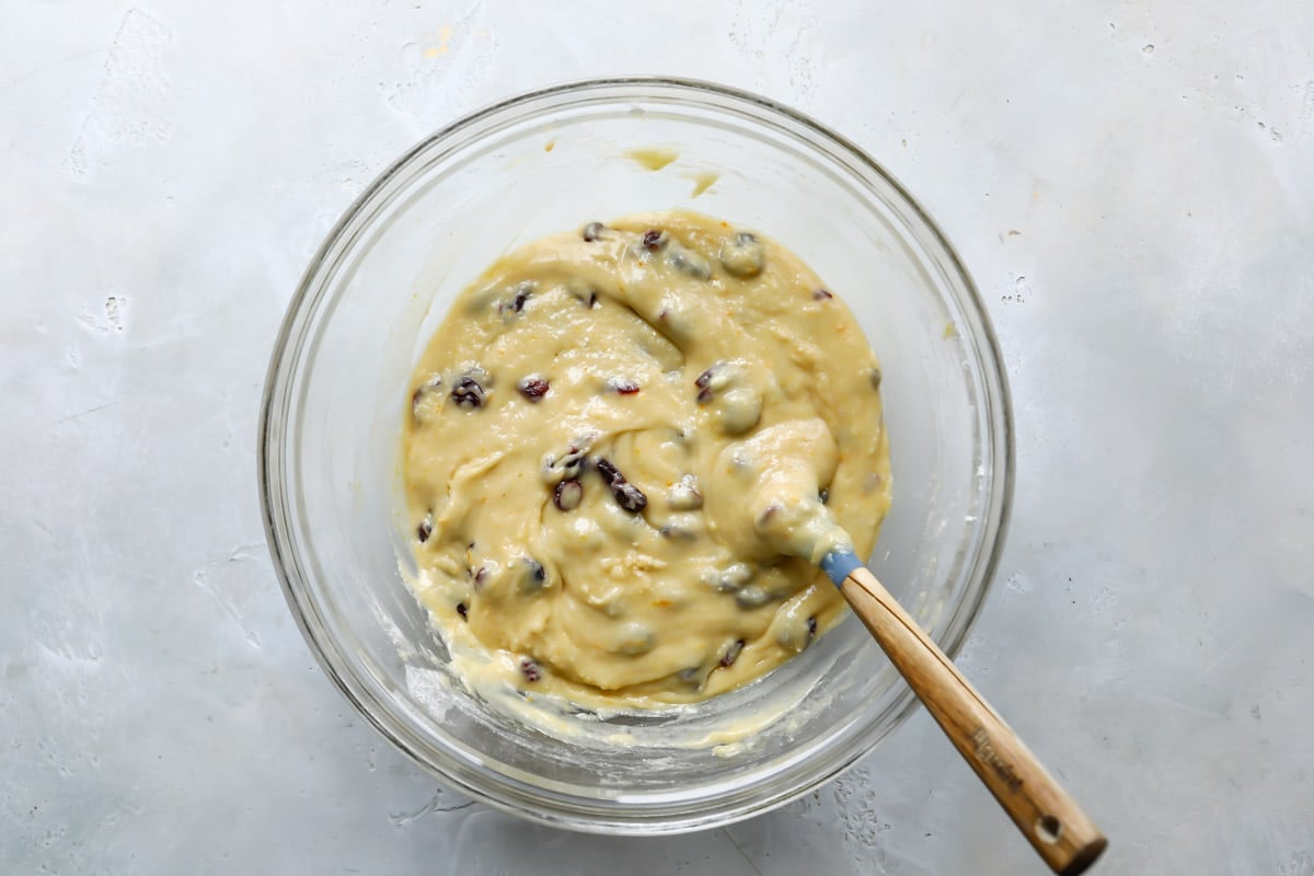 A bowl of cranberry orange muffin batter.