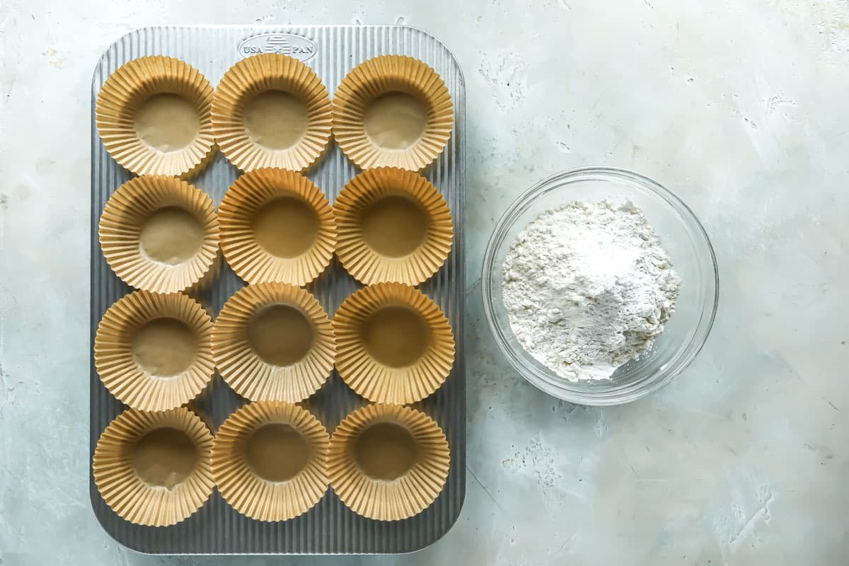 Ingredients and equipment lined up for lemon blueberry muffins.