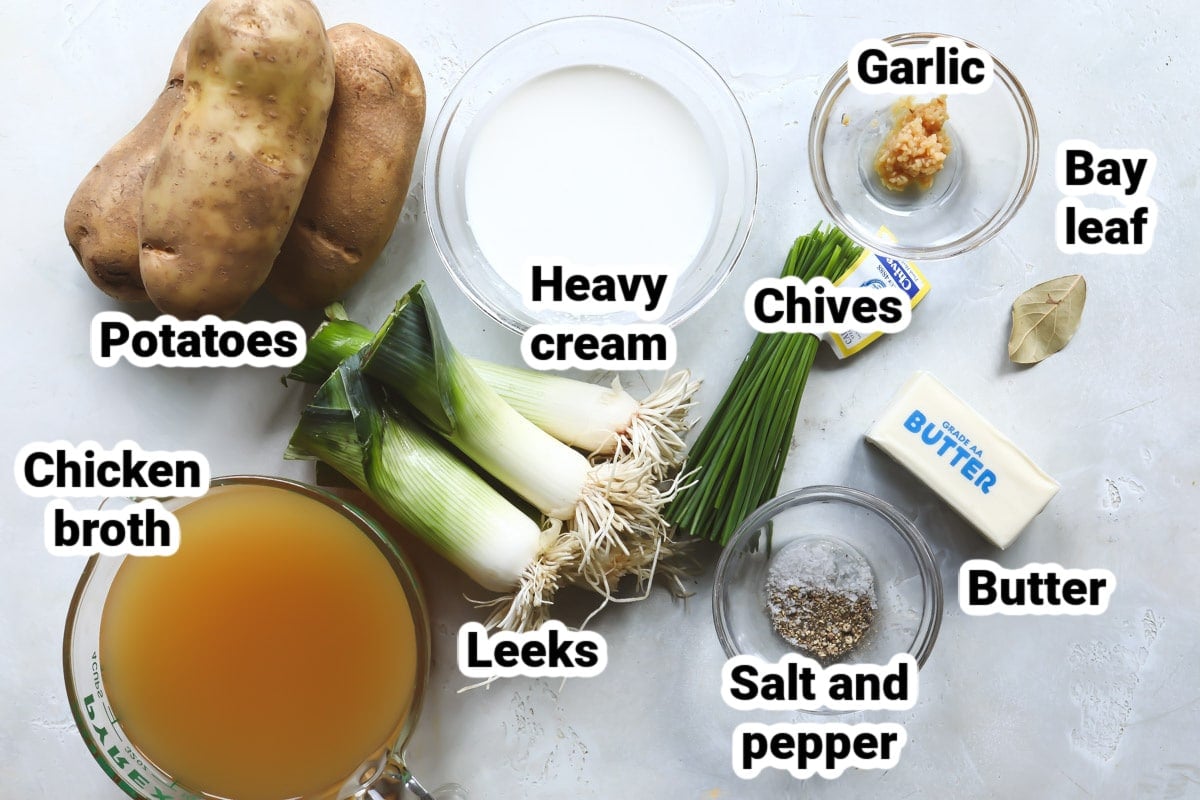 Labeled ingredients for potato and leek soup.