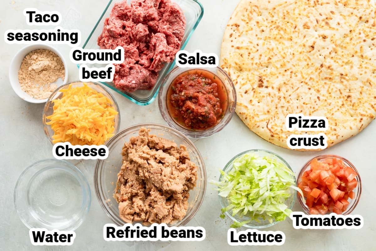 Labeled ingredients for taco pizza.