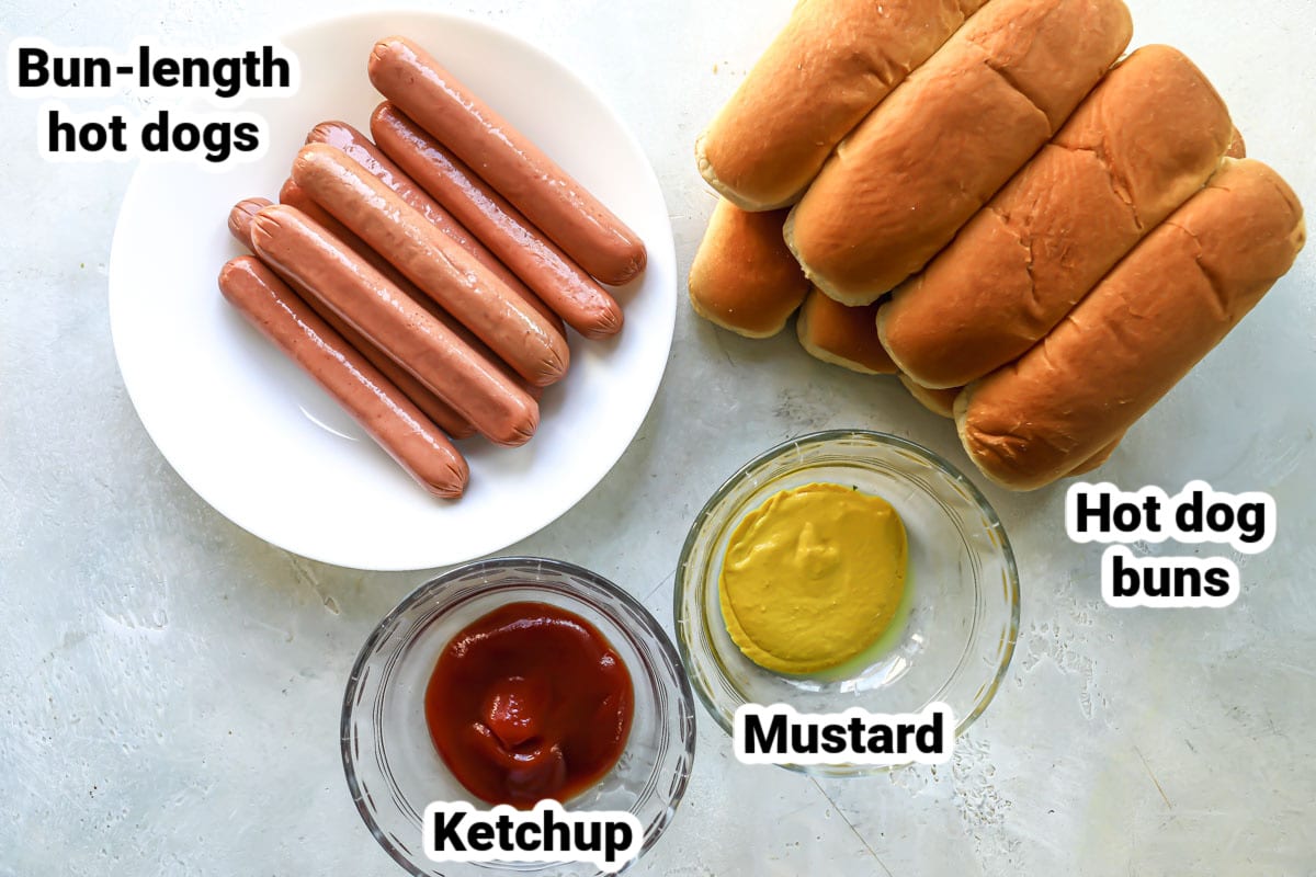 Labeled ingredients for air fryer hot dogs.