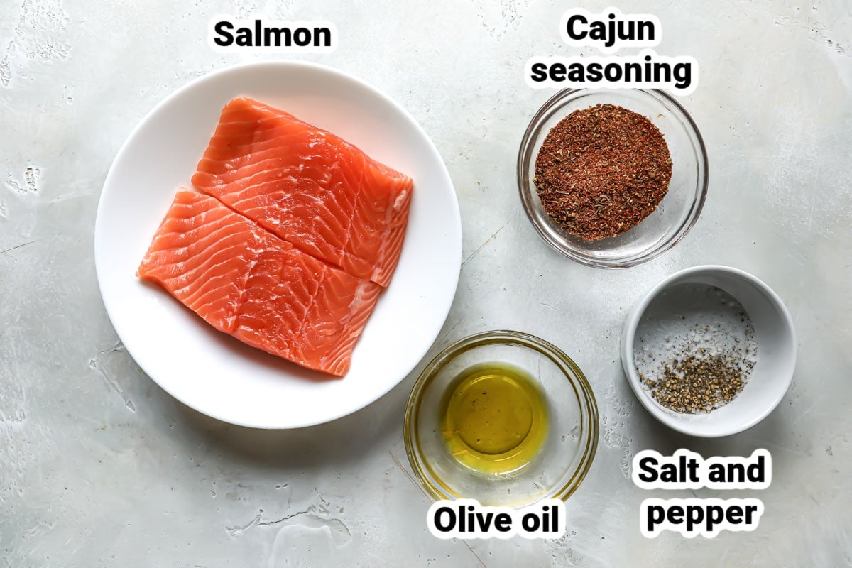 Labeled ingredients for air fryer salmon.