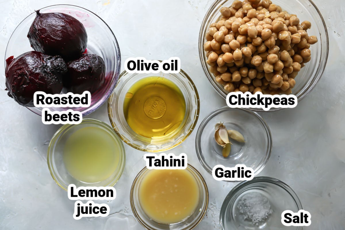 Labeled ingredients for beet hummus.