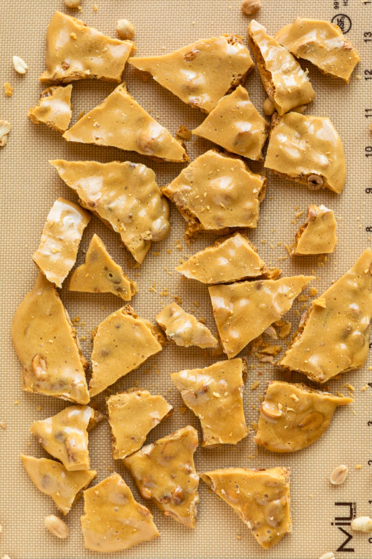 A silicone mat full of shards of peanut brittle.