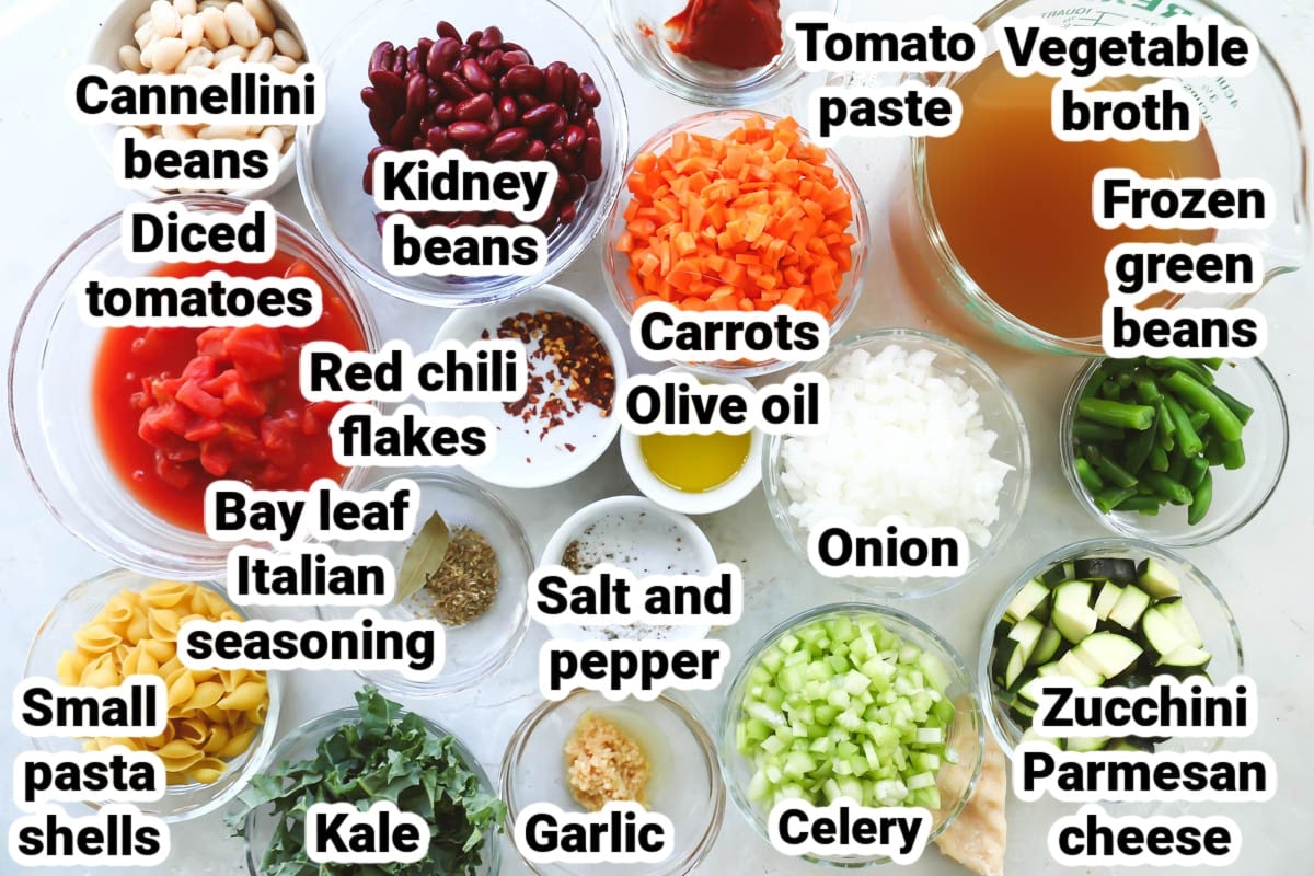 Labeled ingredients for Olive Garden Minestrone Soup (copycat).