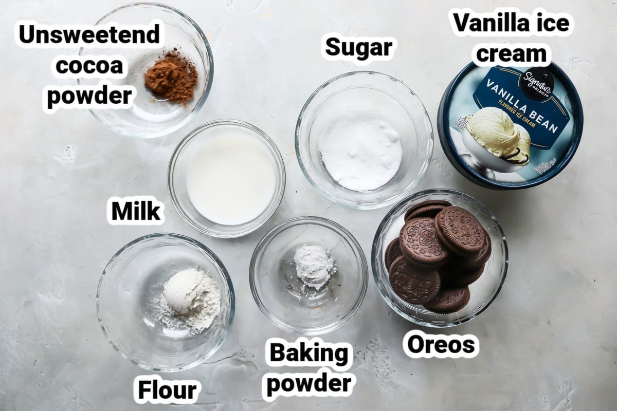 Labeled ingredients for Oreo mug cake.