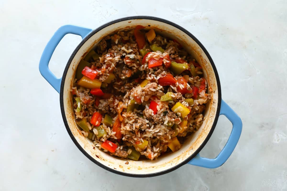 Stuffed pepper casserole in a Dutch oven.