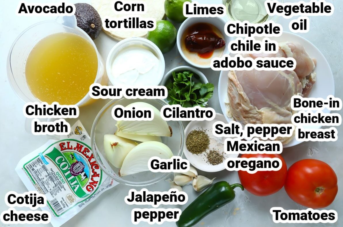 Labeled ingredients for tortilla chicken soup.