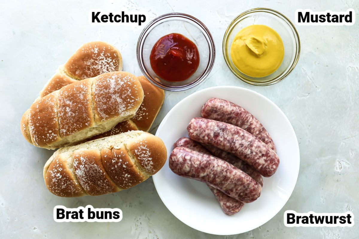 Labeled ingredients for air fryer bratwurst.