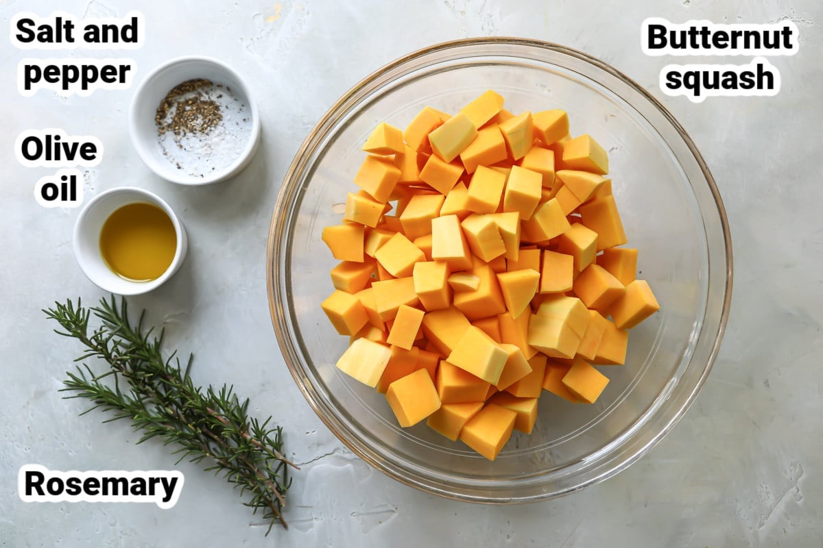 Labeled ingredients for air fryer butternut squash.