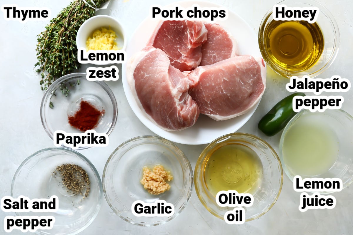 Labeled ingredients for air fryer pork chops.