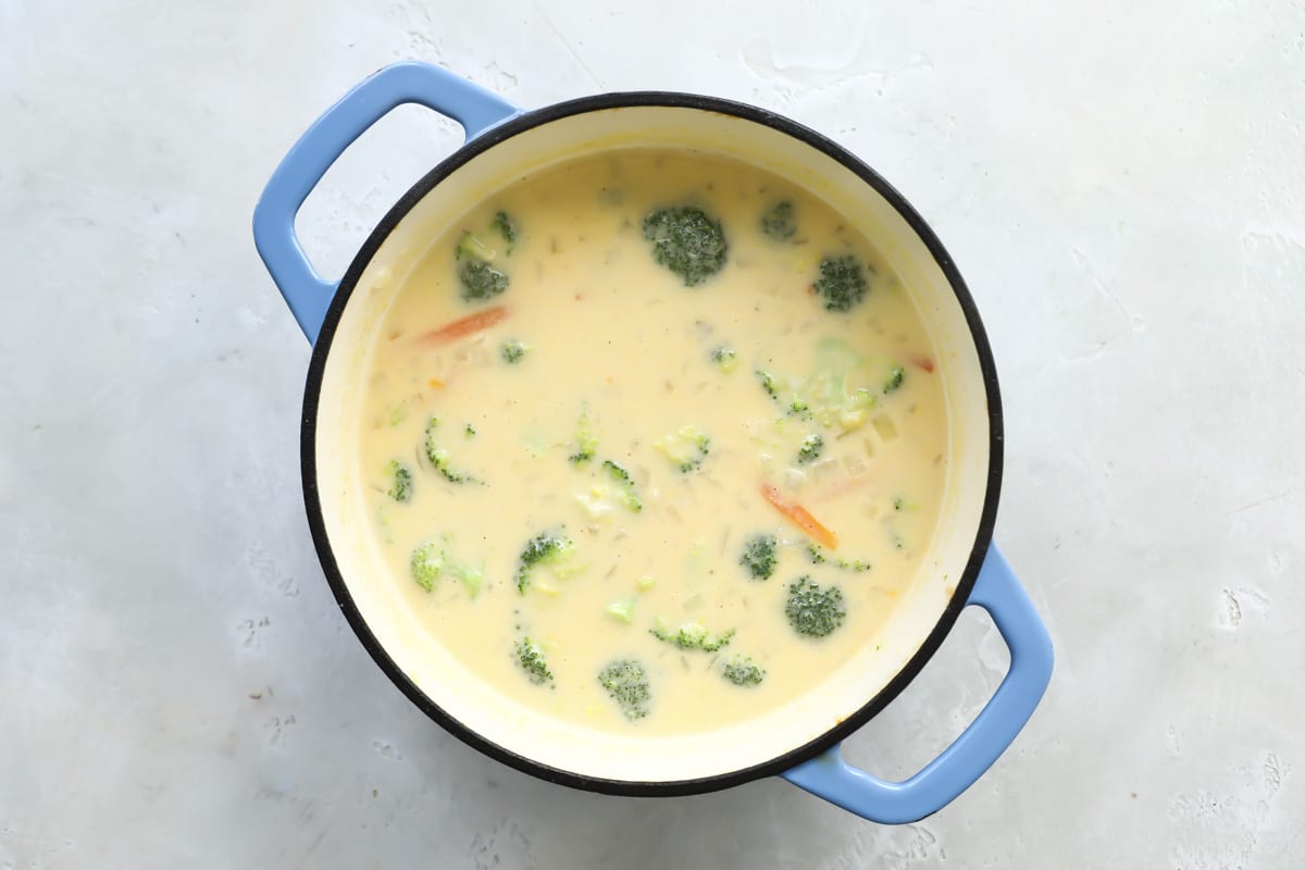 Broccoli cheese soup in a Dutch oven.