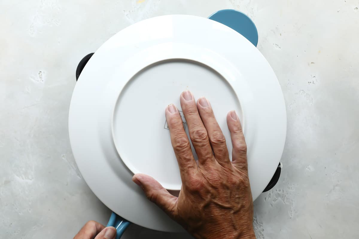A plate on top of a skillet.