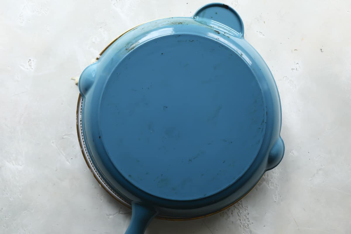 A skillet flipped over on top of a plate.