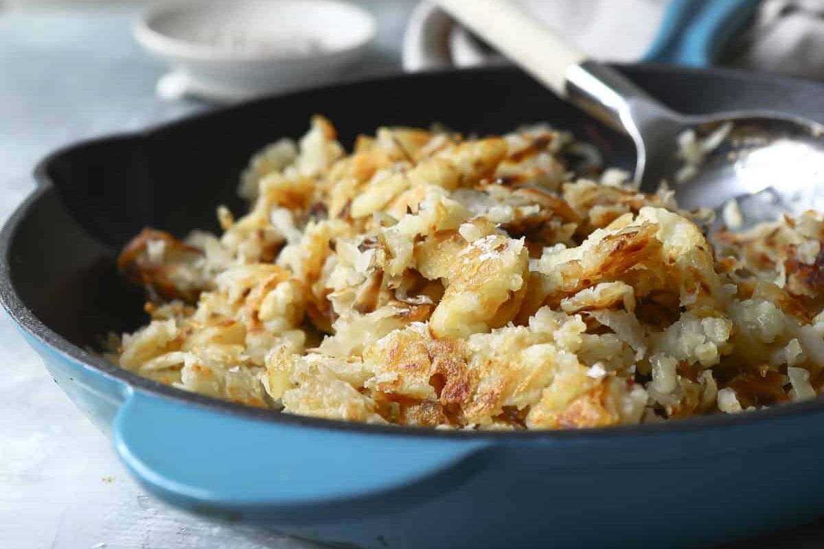 A skillet of homemade hash browns.