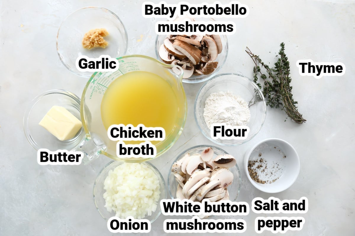 Labeled ingredients for mushroom gravy.