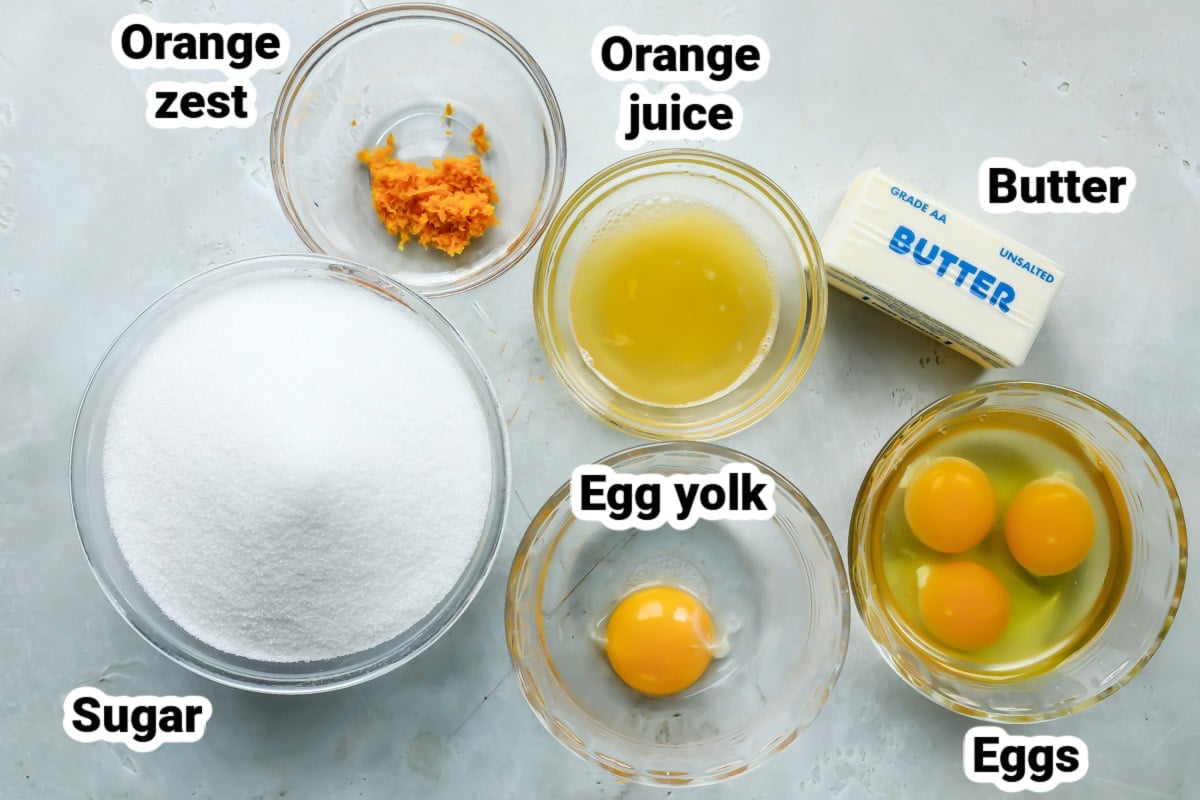 Labeled ingredients for orange curd.