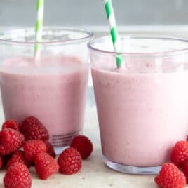 2 glasses of raspberry smoothie.