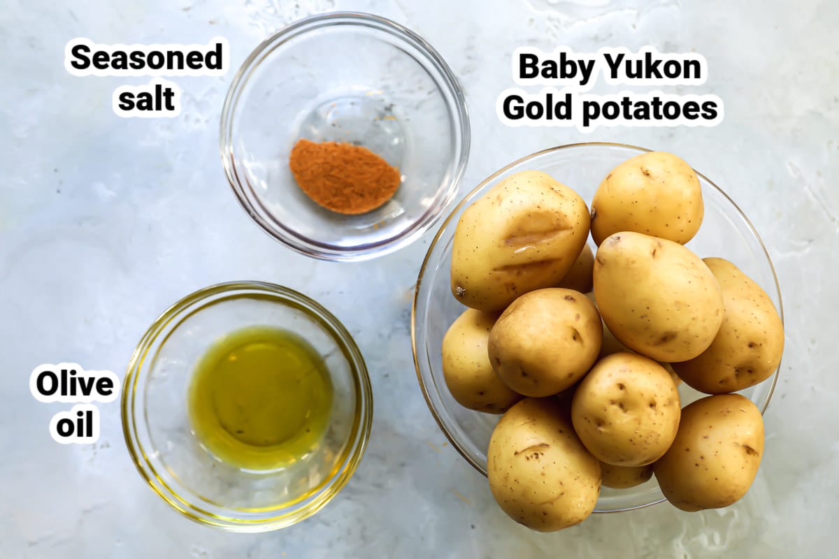 Labeled ingredients for smashed potatoes.