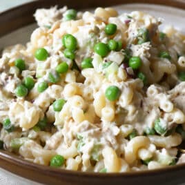 A bowl of tuna pasta salad.