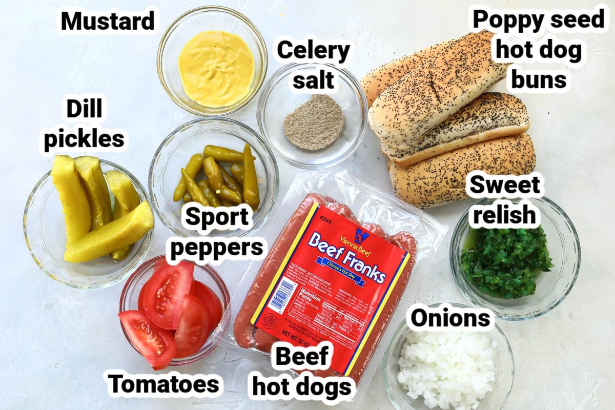 Labeled ingredients for Chicago Style hot dogs.