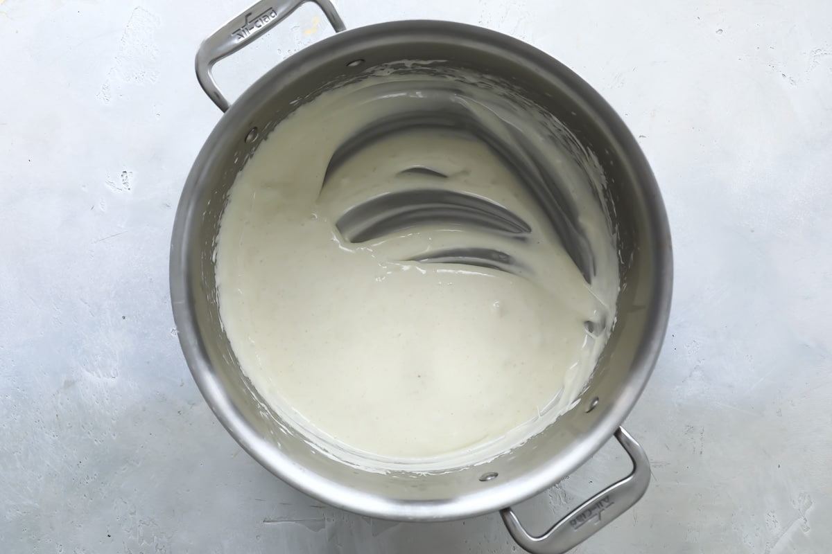 Marshmallows melted into butter in a pan.