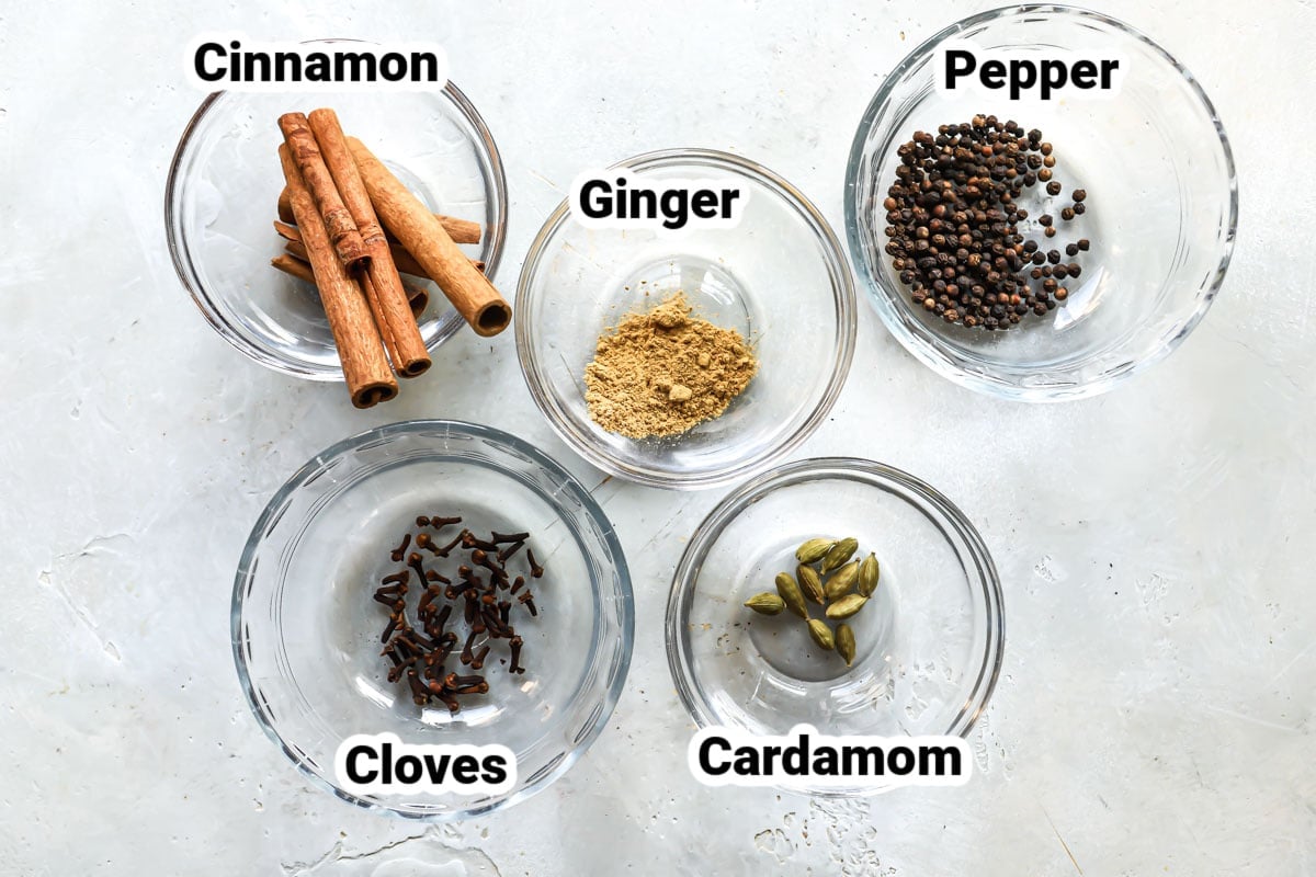 Labeled ingredients for garam masala.