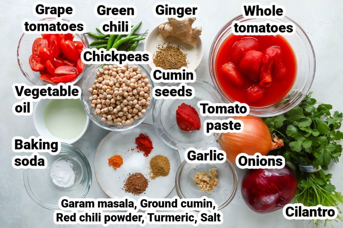 Labeled ingredients for homemade chana masala.