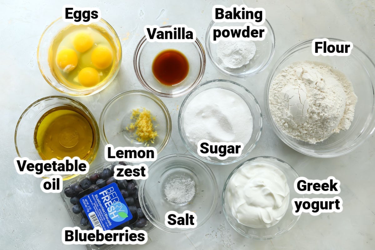 Labeled ingredients for lemon blueberry muffins.