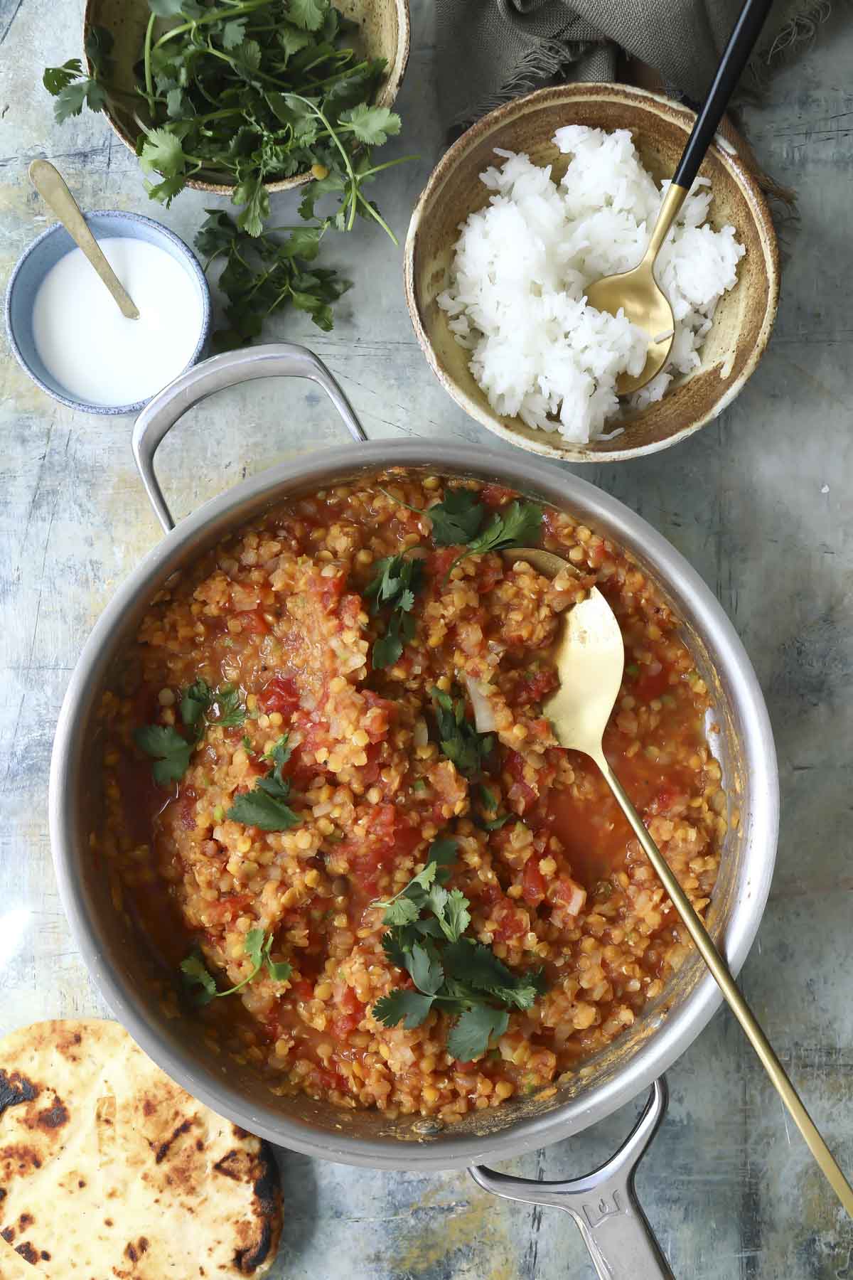 A skillet full of masoor dal.