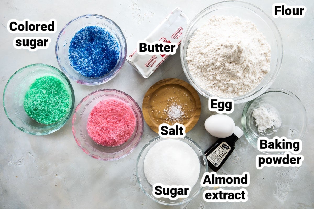 Labeled ingredients for spritz cookies.