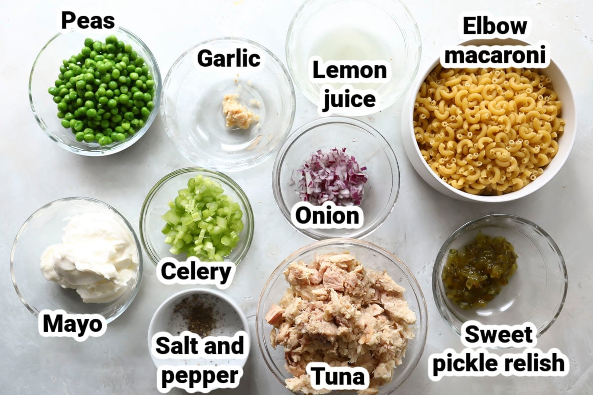 Labeled ingredients for tuna pasta salad.