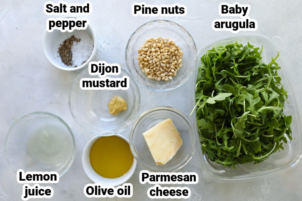 Labeled ingredients for arugula salad.
