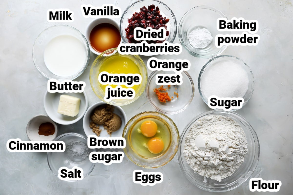 Labeled ingredients for cranberry orange muffins.