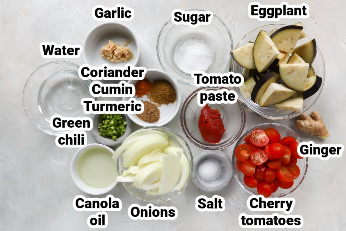 Labeled ingredients for eggplant curry.