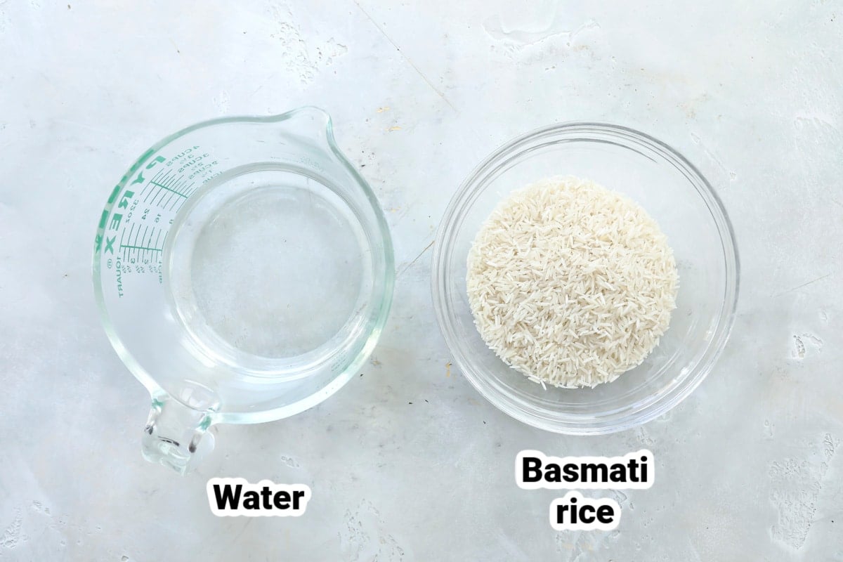 Labeled ingredients for how to cook basmati rice.