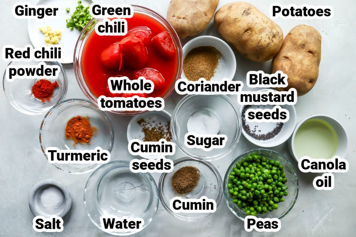 Labeled ingredients for potato curry.