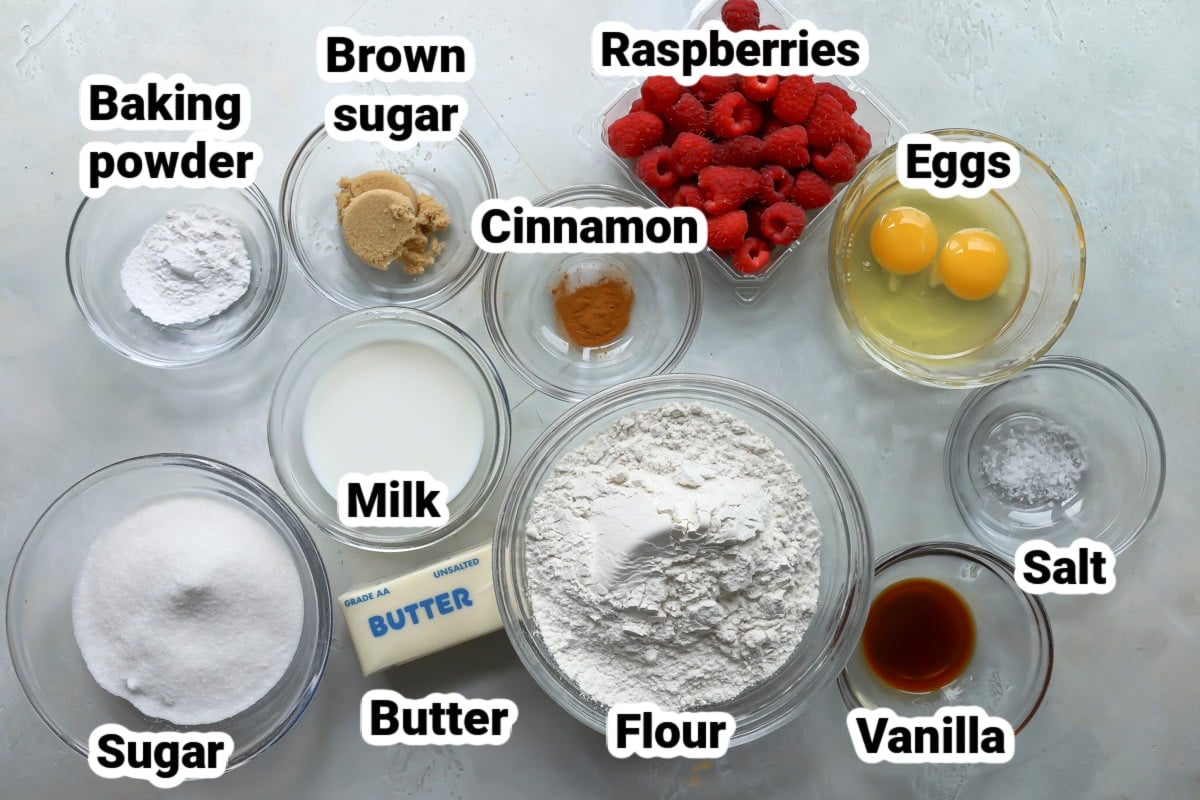 Labeled ingredients for raspberry muffins.
