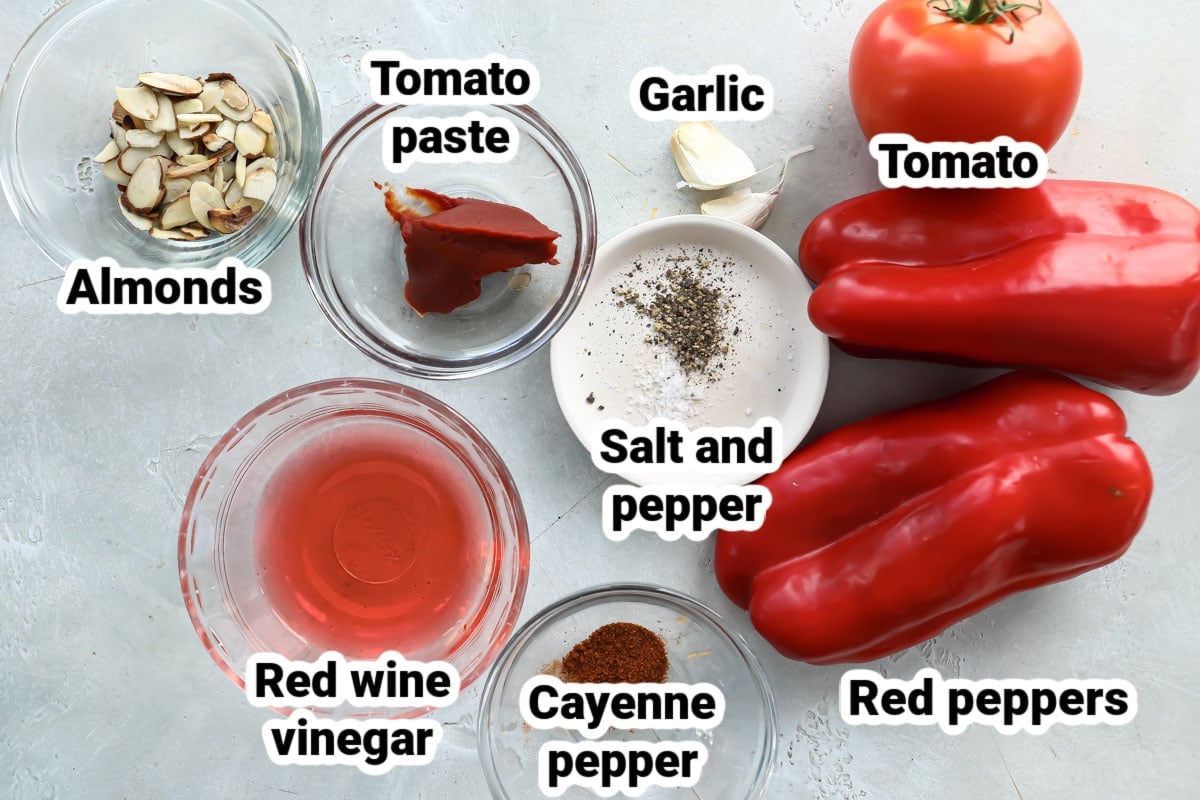 Labeled ingredients for romesco sauce.
