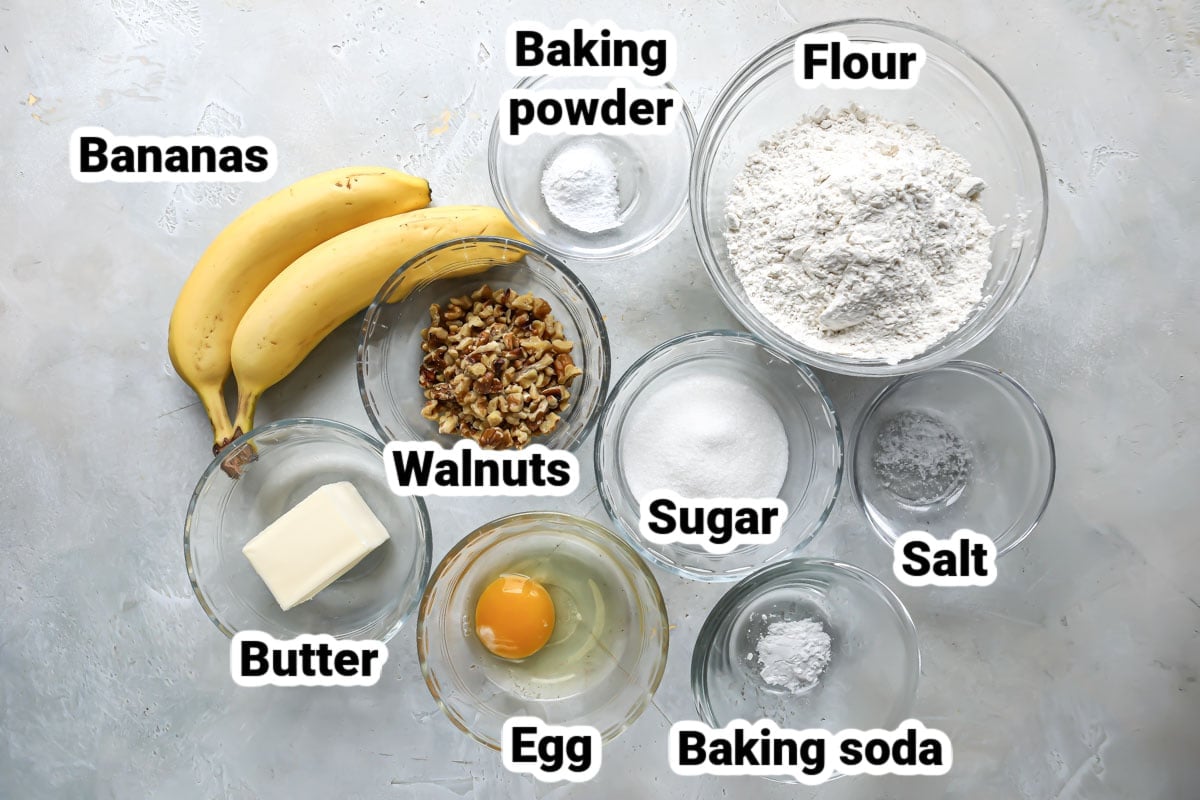 Labeled ingredients for banana muffins.